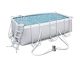 Bestway Frame Pool Power Steel, Set, hellgrau, rechteckig mit Filterpumpe und Sicherheitsleiter, 412 x 201 x 122 cm, grau