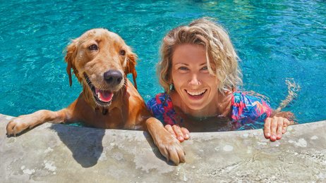 Mensch und Hund im Pool